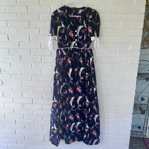 Vintage 70s blue floral polyester maxi dress
